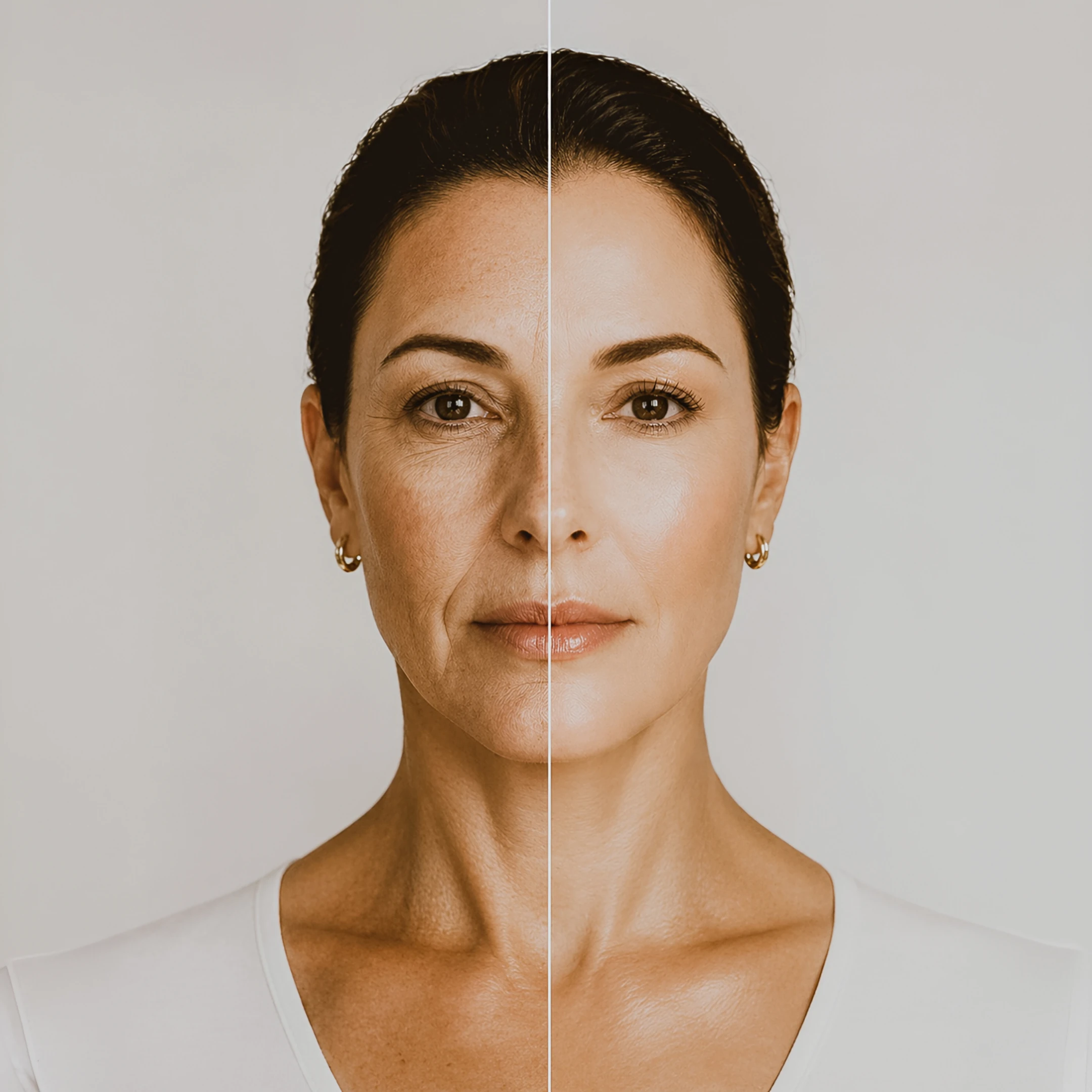 Retrato dividido del rostro de una mujer, con líneas de expresión en un lado y una piel más lisa en el otro