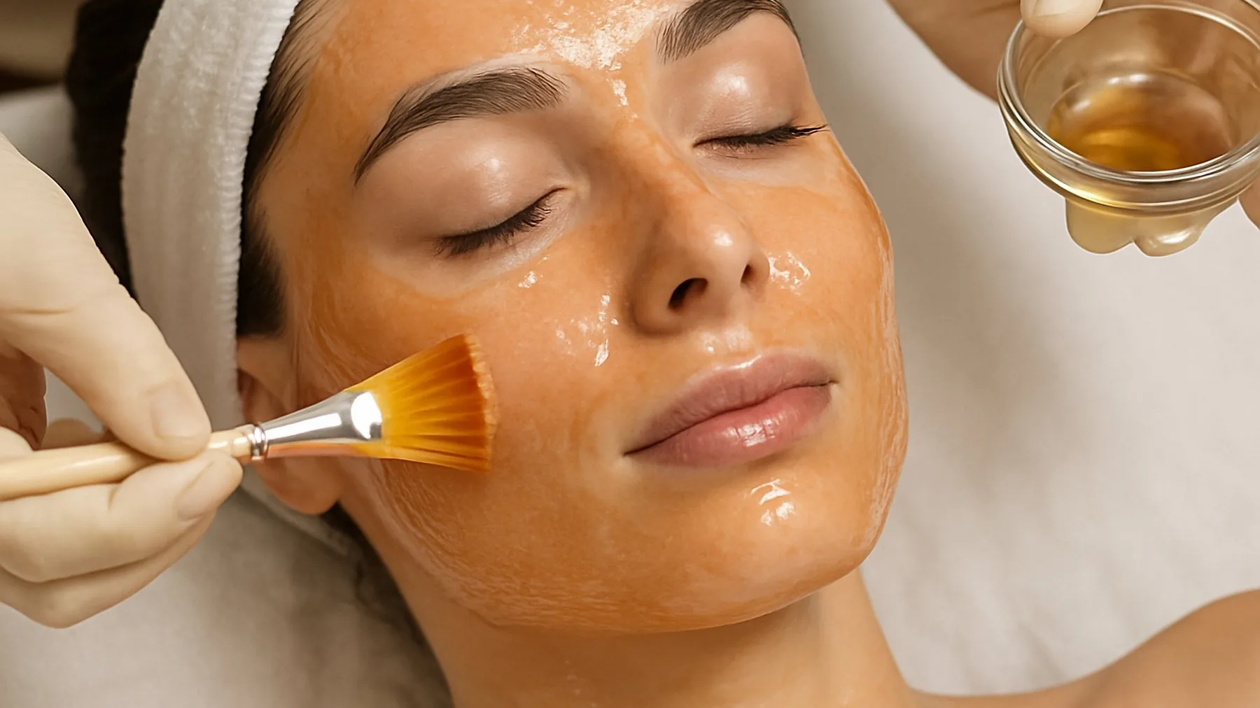 Brush applying an orange chemical peel to a woman's face