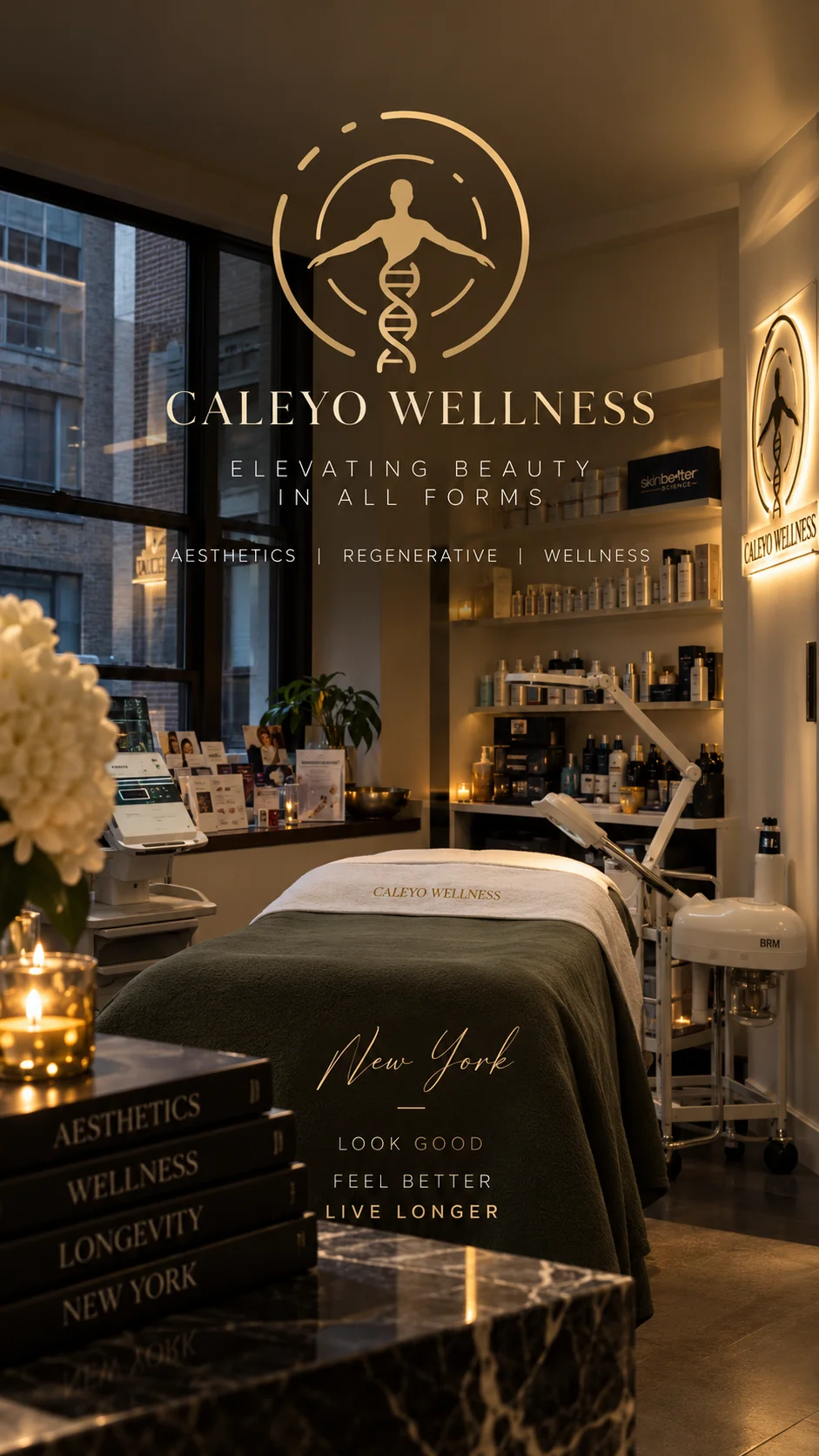 Sala de tratamiento de Caleyo Wellness con el texto de la marca